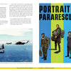 A two-page magazine spread for Schiffer Publishing, Ltd.’s "The US Air Force Air Rescue Service": left page shows military planes and aviation history text; right page displays four pararescuemen before a blue/yellow PORTRAIT OF A PARARESCUEMAN background.