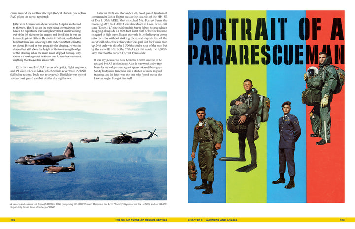 A two-page magazine spread for Schiffer Publishing, Ltd.’s "The US Air Force Air Rescue Service": left page shows military planes and aviation history text; right page displays four pararescuemen before a blue/yellow PORTRAIT OF A PARARESCUEMAN background.