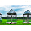 Six empty cylindrical wire grain bins with conical metal roofs stand on green grass beneath a clear sky, evoking iconic Midwest scenery as featured in Back Roads of the Midwest by Schiffer Publishing, Ltd.