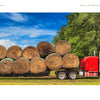 Captured by David Skernick, "Back Roads of the Midwest" from Schiffer Publishing, Ltd. features a bright red semi-truck with hay bales on a flatbed trailer, parked on grass near a barn and green tree beneath a blue sky.