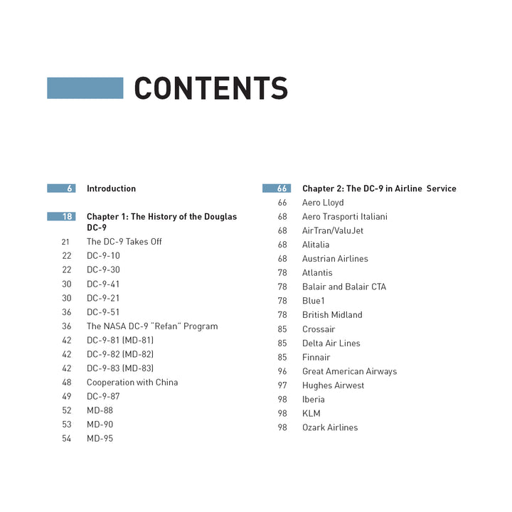 Table of contents for Douglas DC-9 by Schiffer Publishing, Ltd., listing chapters and sections with page numbers on DC-9 models, NASA's role, and airlines operating the aircraft.