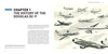 A spread from "Douglas DC-9" by Schiffer Publishing, Ltd. shows vintage illustrations of ten Douglas passenger jets, labeled DC-1 to DC-10, flying against a light background in Chapter 1: The History of the Douglas DC-9.