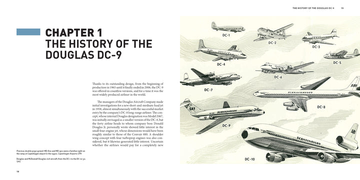 A spread from "Douglas DC-9" by Schiffer Publishing, Ltd. shows vintage illustrations of ten Douglas passenger jets, labeled DC-1 to DC-10, flying against a light background in Chapter 1: The History of the Douglas DC-9.