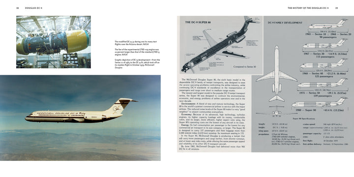 A spread from Schiffer Publishing, Ltd.'s Douglas DC-9 book displays images and diagrams of the passenger jet, featuring a jet engine, in-flight views, cutaway illustrations, and technical specs for various DC-9 series.