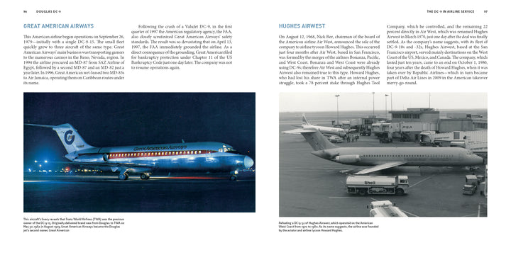 A color photo of a blue Douglas DC-9 on a nighttime runway and a black-and-white image of a Hughes Airwest DC-9 at an airport, both featured in Schiffer Publishing, Ltd.'s collection.