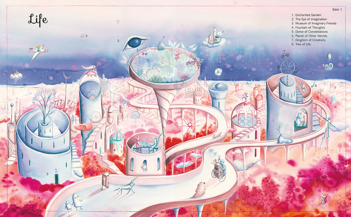 The Encyclopedia of My Imaginary Friends by Schiffer Publishing, Ltd. features pastel fantasy landscapes with whimsical buildings and spiral staircases, inviting children to explore numbered locations and meet surreal creatures that inspire emotional growth.
