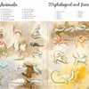 The "Encyclopedia of My Imaginary Friends" by Schiffer Publishing, Ltd. displays 20 real animals and 12 mythical creatures in playful colors, each numbered and listed in columns labeled Animals and Mythological and Fantastic Animals.