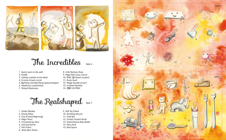 An illustrated spread from "Encyclopedia of My Imaginary Friends" by Schiffer Publishing, Ltd. shows comic panels with animal characters and an imaginary friend on the left, and whimsical labeled drawings on a watercolor background on the right.