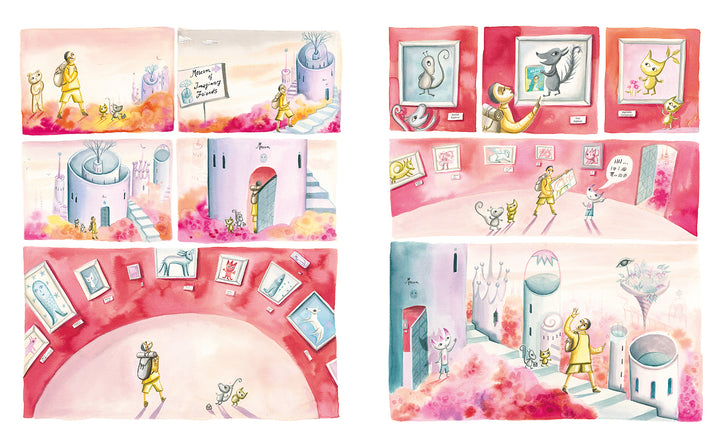 In Schiffer Publishing, Ltd.'s "Encyclopedia of My Imaginary Friends," a person and their cat—an imaginary friend—explore a pink, whimsical art museum of pastel animal paintings on curved walls in a dreamy landscape.