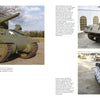 The image shows three WWII tanks: a green Sherman chassis on grass (left), and two gray tanks, including an M10 Gun Motor Carriage by Schiffer Publishing, Ltd., parked near a tent, display, and building (right).