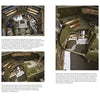 A two-page spread in Schiffer Publishing, Ltd.'s "M10 Gun Motor Carriage" shows interior photos of the WWII tank destroyer—seats, controls, shells, Sherman chassis machinery—with detailed text next to each image.