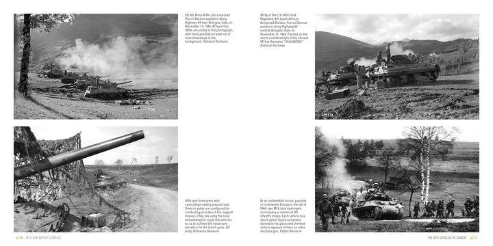 Four WWII black-and-white photos from Schiffer Publishing, Ltd.'s "M10 Gun Motor Carriage" show M10s firing in smoke-filled fields, moving on roads, soldiers nearby, and wrecked armor in rural mountains.