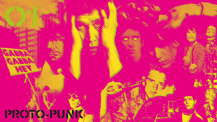 A vibrant pink and yellow collage on "The Art of Punk" by Schiffer Publishing, Ltd., featuring proto-punk musicians, distressed faces, a Gabba Gabba Hey! sign, and bold bottom-left PROTO-PUNK text—ideal for punk art fans.