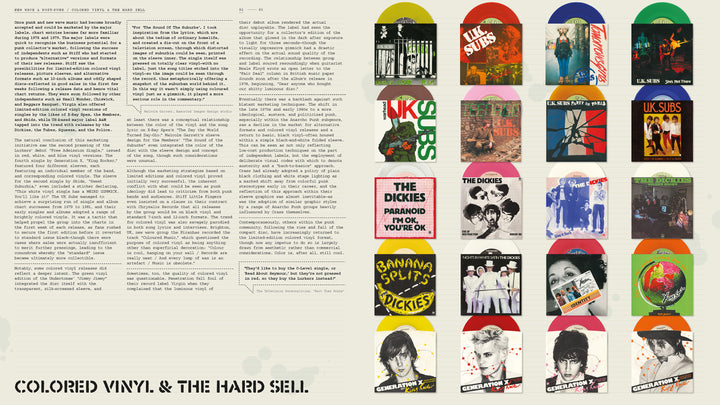 A two-page spread for Schiffer Publishing, Ltd.'s "The Art of Punk": the left page shows dense text and the headline COLORED VINYL & THE HARD SELL; the right displays 18 vivid punk covers, each with a colored vinyl sleeve.