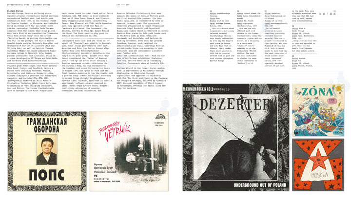 A two-page magazine spread from *The Art of Punk* by Schiffer Publishing, Ltd. showcases striking punk cover art—one with a man's photo and Cyrillic text, another with a person on the ground—plus bold black-and-white and colorful designs.