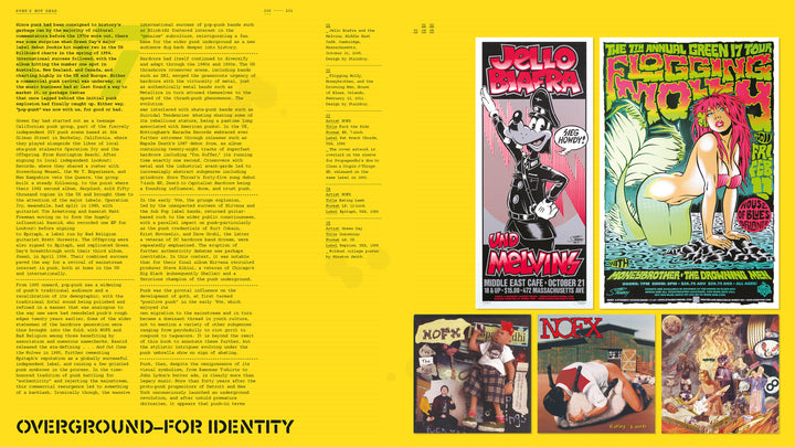 A yellow spread for "The Art of Punk" by Schiffer Publishing, Ltd. shows black text on the left and four punk cover art designs on the right with bold graphics and band names. At the bottom: OVERGROUND—FOR IDENTITY.