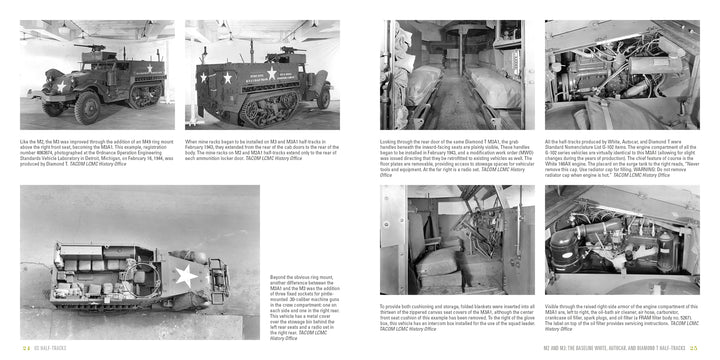 A set of six black-and-white photos from Schiffer Publishing, Ltd.'s "US Half-Tracks" showing interior and exterior views of WWII military vehicles, including M3 White Half-Tracks with storage, equipment, and mechanical features.