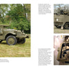 Two images from "US Half-Tracks" by Schiffer Publishing, Ltd.: one shows a WWII US half-track with quad .50-caliber machine guns in a grassy field, the other gives an overhead view of the interior controls and seating.