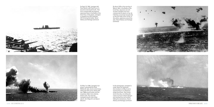 A collage of black-and-white WWII naval battle photos from Schiffer Publishing, Ltd.'s USS Lexington (CV-2) shows intense combat: the carrier at sea amid massive explosions and rising smoke.