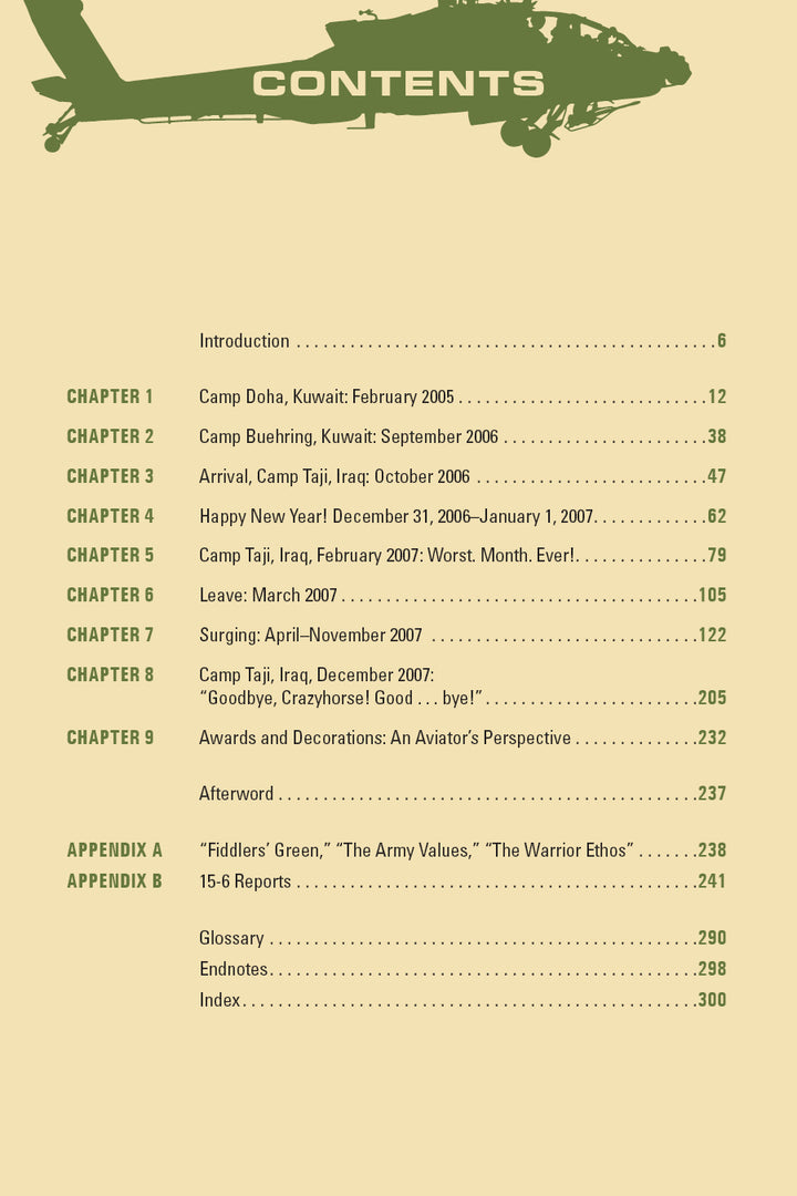 The table of contents page in "Crazyhorse" by Schiffer Publishing, Ltd. features a green Apache attack helicopter silhouette and chapter titles about military experiences in Kuwait and Operation Iraqi Freedom, with corresponding page numbers.