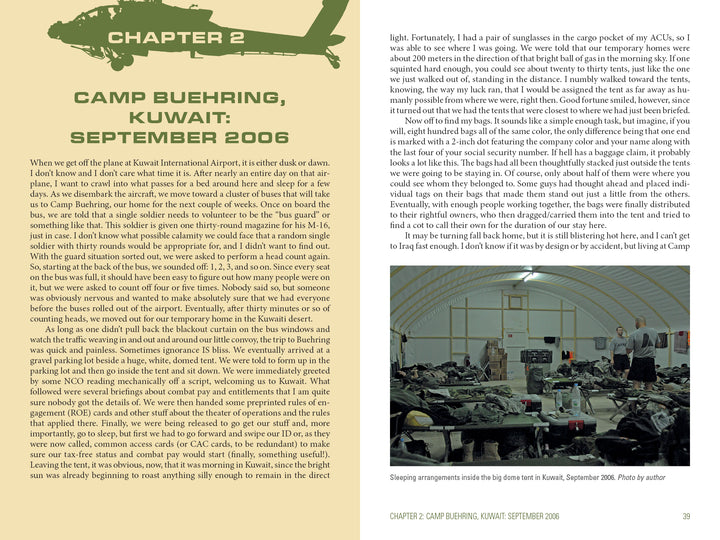 Two pages from "Crazyhorse" by Schiffer Publishing, Ltd.: left page recounts arriving at Camp Buehring, Kuwait in 2006 during Operation Iraqi Freedom; right page features a photo of cots and gear filling a tent with troops' belongings.