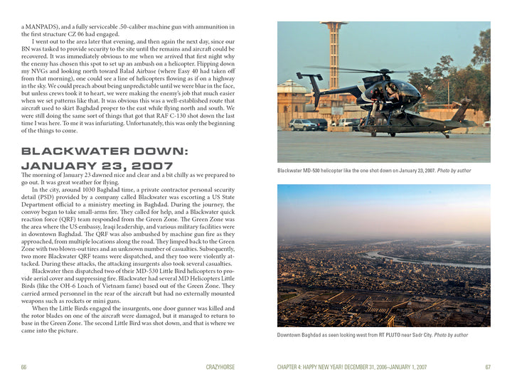 A Schiffer Publishing, Ltd. Crazyhorse MD-530 helicopter with a pilot inside sits on the tarmac during Operation Iraqi Freedom, as another staff member stands nearby with vehicles and buildings under a hazy sky in the background.