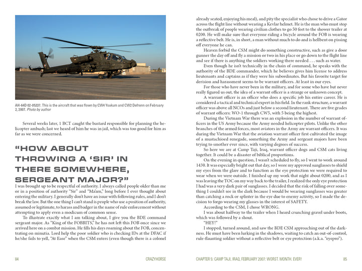 A two-page spread from "Crazyhorse" by Schiffer Publishing, Ltd. features an Apache helicopter landing with the heading: How about throwing a SIR in there somewhere, Sergeant Major? The pages are filled with detailed narrative text.