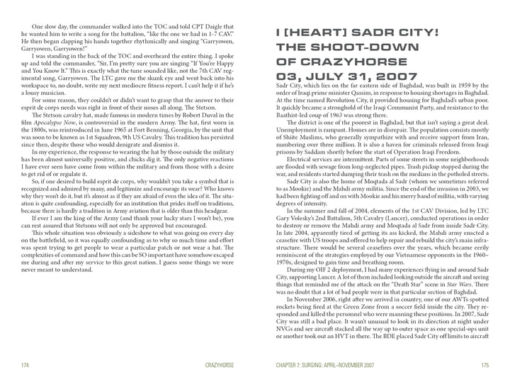 A book page shows the heading "I [Heart] Sadr City!: The Shoot-Down of Crazyhorse" and two columns from an Iraq War memoir, recounting soldiers' experiences in Sadr City. Product: Crazyhorse by Schiffer Publishing, Ltd.