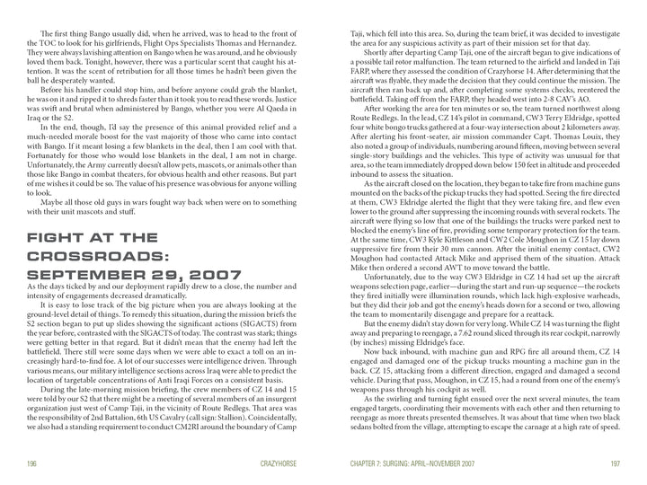 A page from Crazyhorse by Schiffer Publishing, Ltd. features dense text and a highlighted section, FIGHT AT THE CROSSROADS: SEPTEMBER 29, 2007, recounting an Apache helicopter encounter during Operation Iraqi Freedom on pages 196–197.