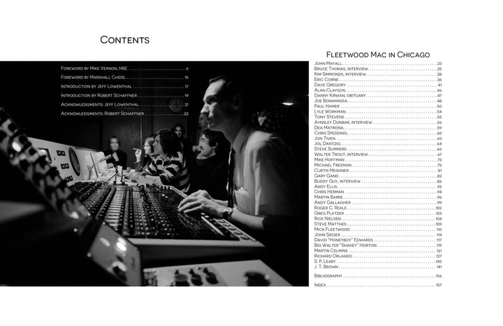 A black-and-white photo of people at an audio mixing console in a Chicago studio captures the vibe of Fleetwood Mac in Chicago, a book by Schiffer Publishing, Ltd., with its contents listed on the right.