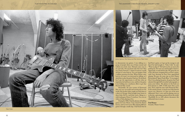 A man with curly hair sits on a stool holding an electric guitar in a black and white recording studio scene, evoking Fleetwood Mac blues sessions. From Fleetwood Mac in Chicago by Schiffer Publishing, Ltd.