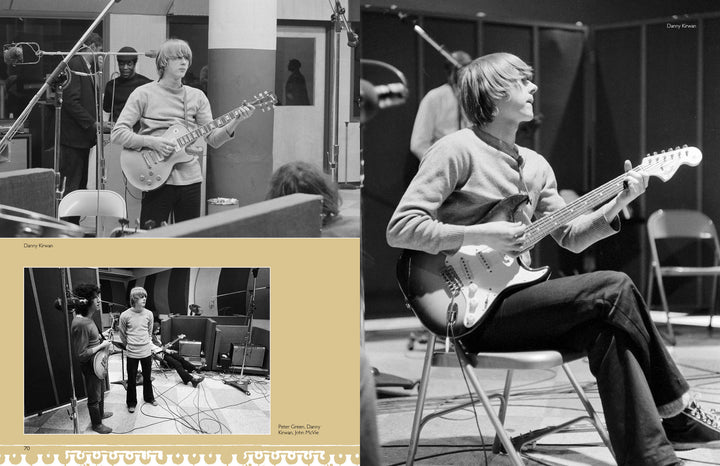 Three black-and-white photos from "Fleetwood Mac in Chicago" (Schiffer Publishing, Ltd.) show a young man with light hair playing guitar and recording music at Chess Studios, surrounded by microphones and fellow musicians.