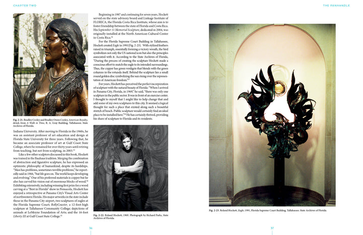 A two-page spread from "Florida Sculptors and Their Work" by Schiffer Publishing, Ltd.: the left page shows a bronze Native American woman sculpture, a B&W male portrait, and text; the right page features a bird sculpture with a white circle behind it.