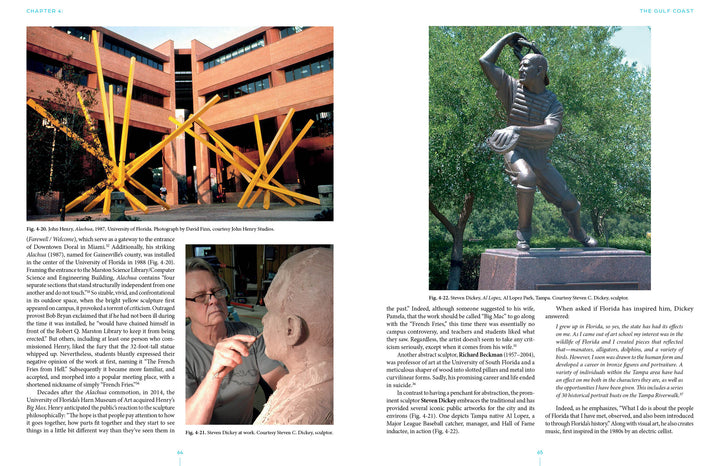 Two pages from "Florida Sculptors and Their Work" by Schiffer Publishing, Ltd. show photos of a yellow abstract sculpture, a sculptor shaping a clay bust, and a bronze baseball player, along with text on Florida’s art history.