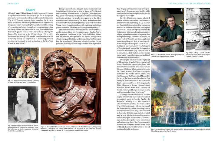 A two-page spread from "Florida Sculptors and Their Work" by Schiffer Publishing, Ltd. features art history, artist biographies, and images of sculptures, a man by a desk, and a fish statue fountain under a rainbow in Stuart, Florida.