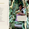 Table of contents left; right shows large green and black caterpillars—vital to wild silk—on branches, with blurred background. Small text overlays highlight Indigenous artisans in India. From "In Search of Wild Silk" by Schiffer Publishing, Ltd.