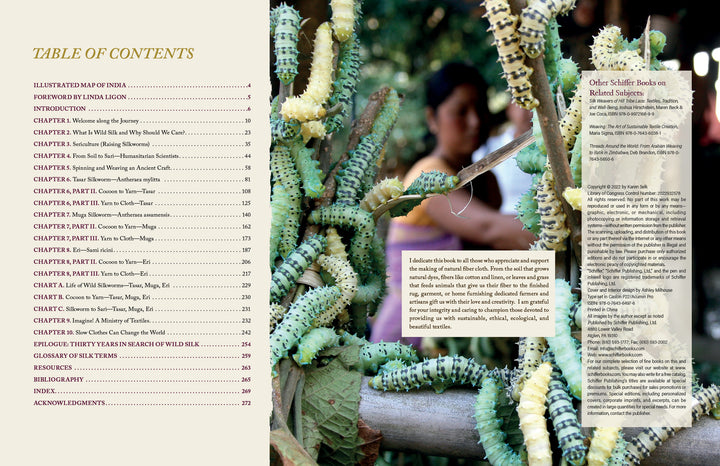 Table of contents left; right shows large green and black caterpillars—vital to wild silk—on branches, with blurred background. Small text overlays highlight Indigenous artisans in India. From "In Search of Wild Silk" by Schiffer Publishing, Ltd.