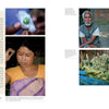 A magazine spread features "In Search of Wild Silk" by Schiffer Publishing, Ltd.: images of indigenous Assamese artisans, silk cocoons, smiling elders, women sorting leaves, and text on Assam’s sustainable silk traditions on the left page.