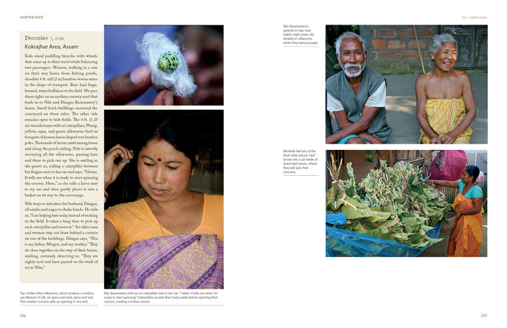 A magazine spread features "In Search of Wild Silk" by Schiffer Publishing, Ltd.: images of indigenous Assamese artisans, silk cocoons, smiling elders, women sorting leaves, and text on Assam’s sustainable silk traditions on the left page.