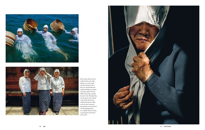 Inspired by travel photography, Japan by Schiffer Publishing, Ltd. features women in white head coverings and patterned skirts swimming with wooden tubs, four posing on land, and a close-up of a woman adjusting her scarf.
