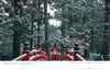 A snow-covered red arched bridge leads to a small shrine amid tall trees, featured in "Japan" by Schiffer Publishing, Ltd.—a perfect addition to any collection capturing serene, wintry beauty and Japanese culture.