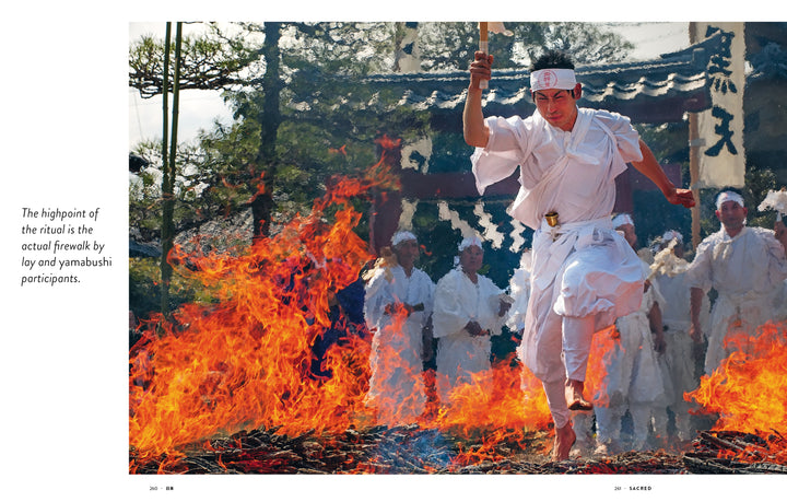 An evocative moment of a person in white traditional clothing leaping over flames near a shrine gate—captured in "Japan" by Schiffer Publishing, Ltd.—is perfect for any photography book collection.