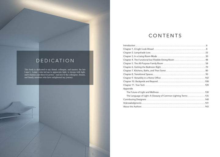 A minimalist, modern room with white walls, subtle lighting, and a sleek chair. The left page has a dedication; the right shows the table of contents from Lighting beyond Edison by Schiffer Publishing, Ltd., about lighting and space.