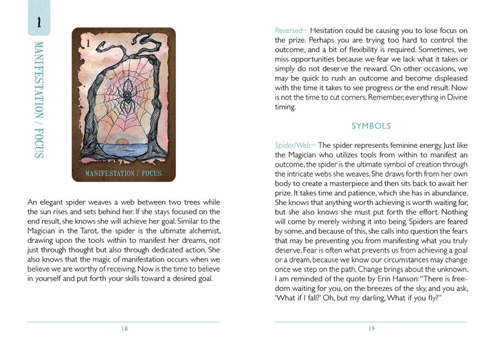 A book spread from The Everglow by Schiffer Publishing, Ltd. showcases a tarot card with a spider weaving a web, labeled Manifestation / Focus, and symbolic text—ideal for anyone exploring the Tarot divination system.
