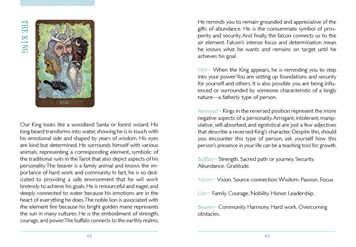 A card from The Everglow by Schiffer Publishing, Ltd. shows a crowned, bearded man with a staff and buffalo. The page explains the King card’s Tarot meanings, featuring keywords plus upright and reversed interpretations.