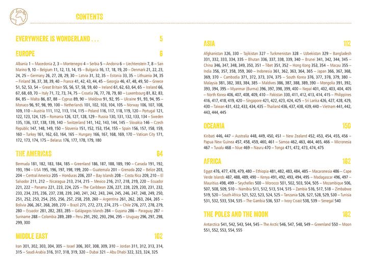 In Useless Knowledge for the World Traveler by Schiffer Publishing, Ltd., a yellow and black table of contents lists regions (Europe, Americas, Middle East, Asia, Oceania, Africa, The Poles & Moon) with page numbers and travel trivia.