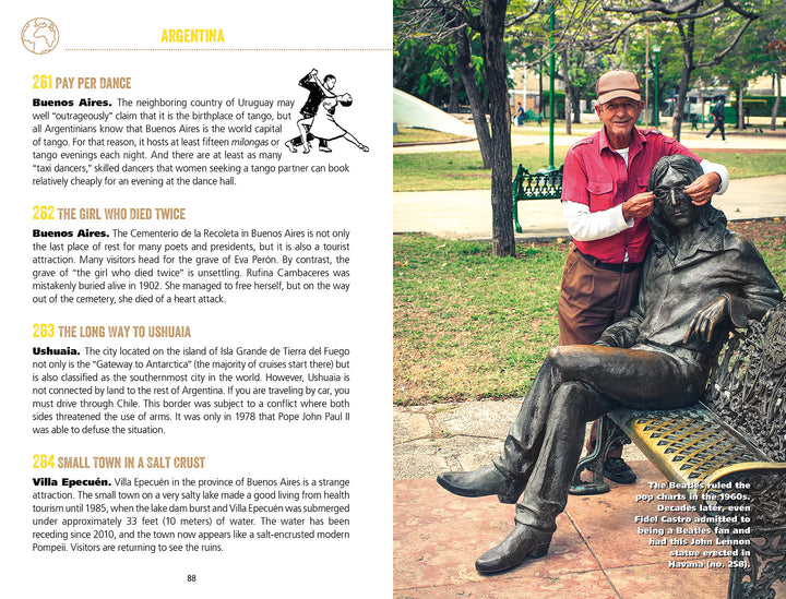 An older man in a red cap poses playfully with a bronze bench statue, surrounded by plaques featuring funny facts from "Useless Knowledge for the World Traveler" by Schiffer Publishing, Ltd., amid trees and greenery.