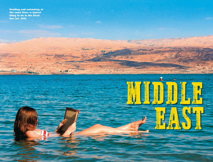 A person reads a book while floating in the Dead Sea, surrounded by blue water and desert hills. Text: “MIDDLE EAST.” Explore world traditions or test travel trivia with "Useless Knowledge for the World Traveler" by Schiffer Publishing, Ltd.