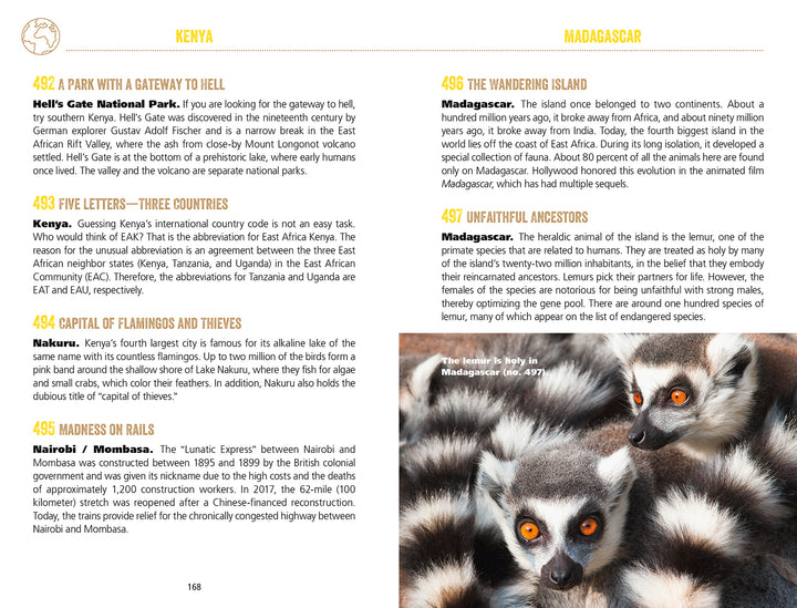 Two ring-tailed lemurs huddle together as a third peeks from behind—an ideal image for fans of Schiffer Publishing, Ltd.’s "Useless Knowledge for the World Traveler," perfect for those who love travel trivia and funny facts.