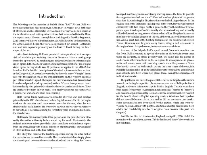 An open book shows the Introduction of "Vampir" by Schiffer Publishing, Ltd., with pages 6 and 7 featuring dense serif text, wide margins, no images or illustrations, and page numbers at the bottom corners.